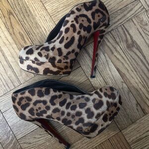 Christian Louboutin Brown/Beige Leopard Print Pony Hair Platform Booties Size 38